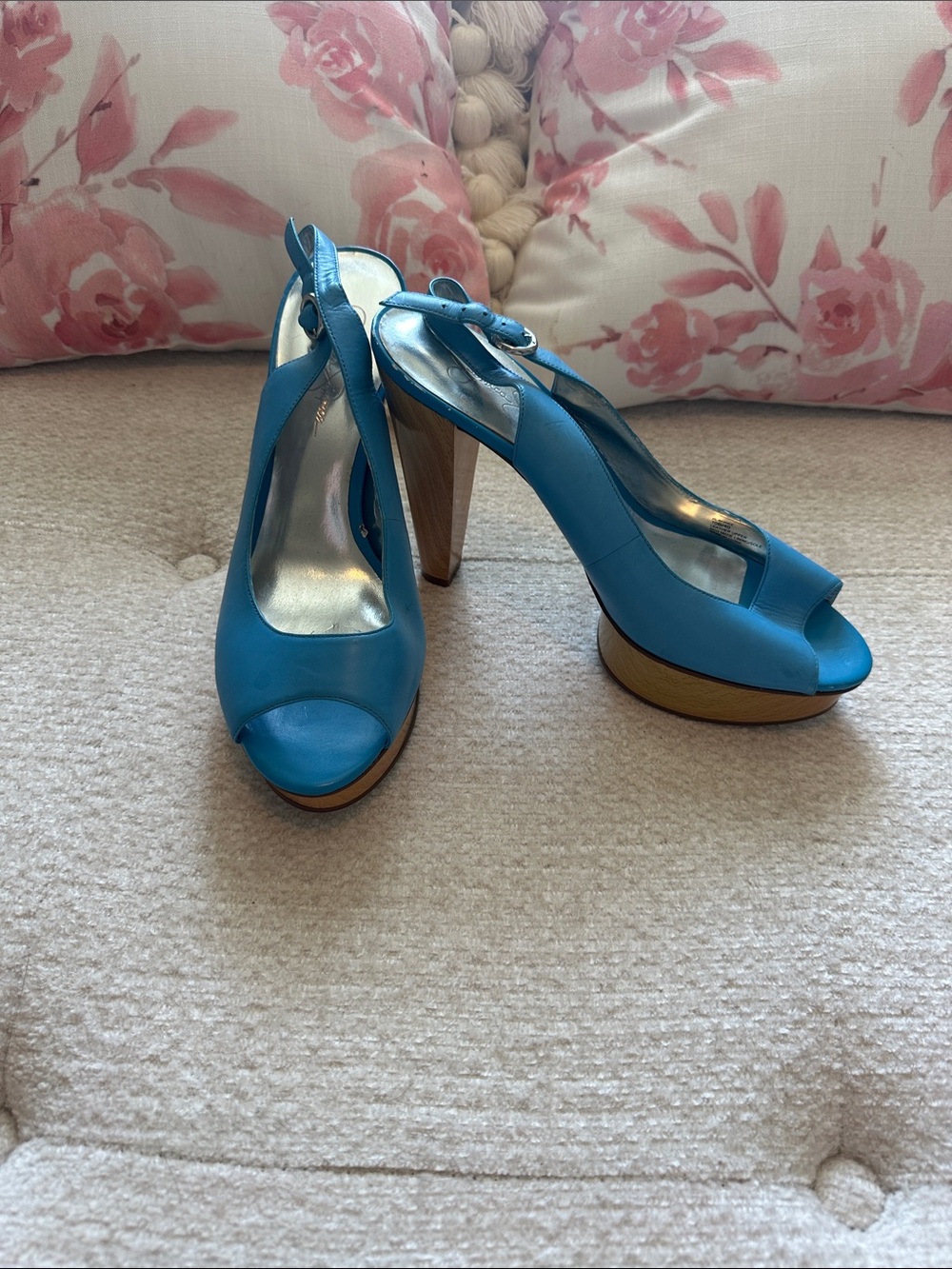 Jessica Simpson Blue Peep-Toe Slingback Platform Heels